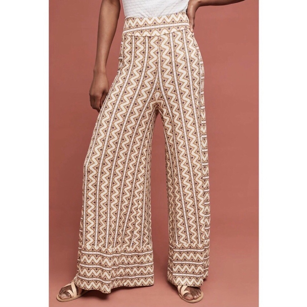 FARM RIO Anthropologie Cream and Brown Wide-Leg Pants Size Medium Petite